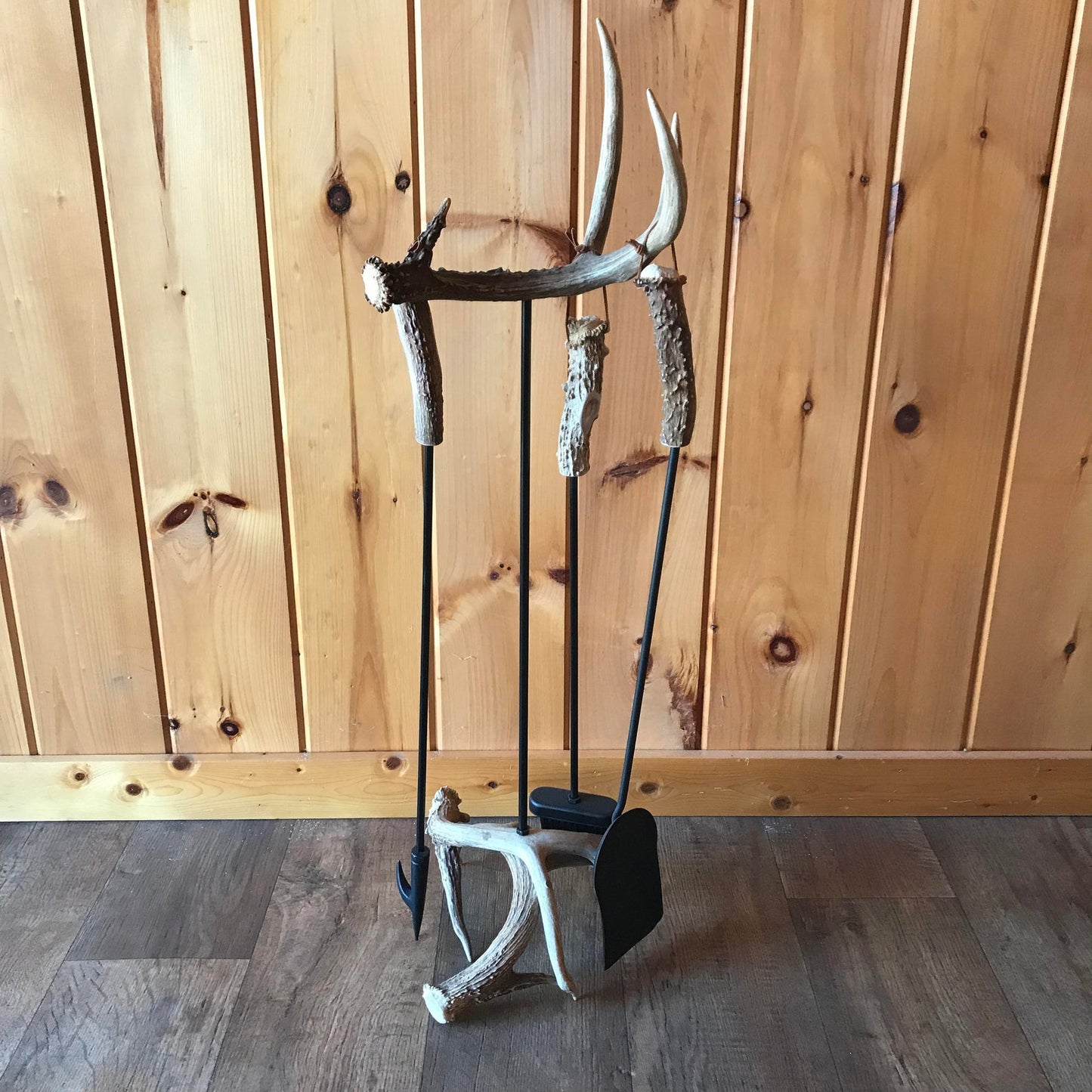 Whitetail Deer Antler Fireplace Tool Set - Includes Three Fireplace Tools: Poker, Brush and Shovel - Each With Real Antler Handles (Medium)