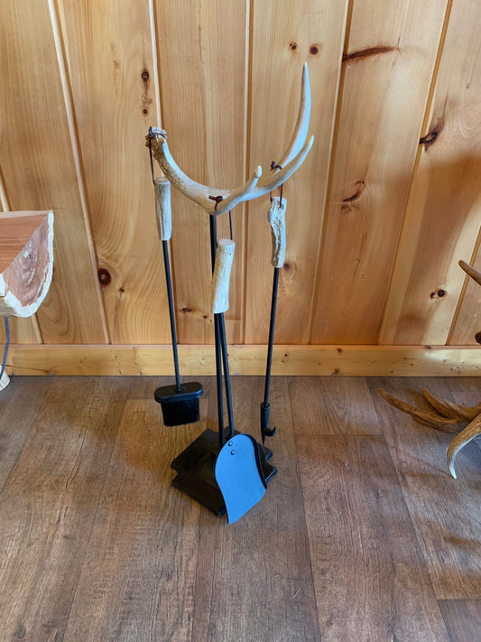 Whitetail Deer Antler Fireplace Tool Set - Includes Three Fireplace Tools: Poker, Brush, and Shovel - Each With Real Antler Handles (Custom)