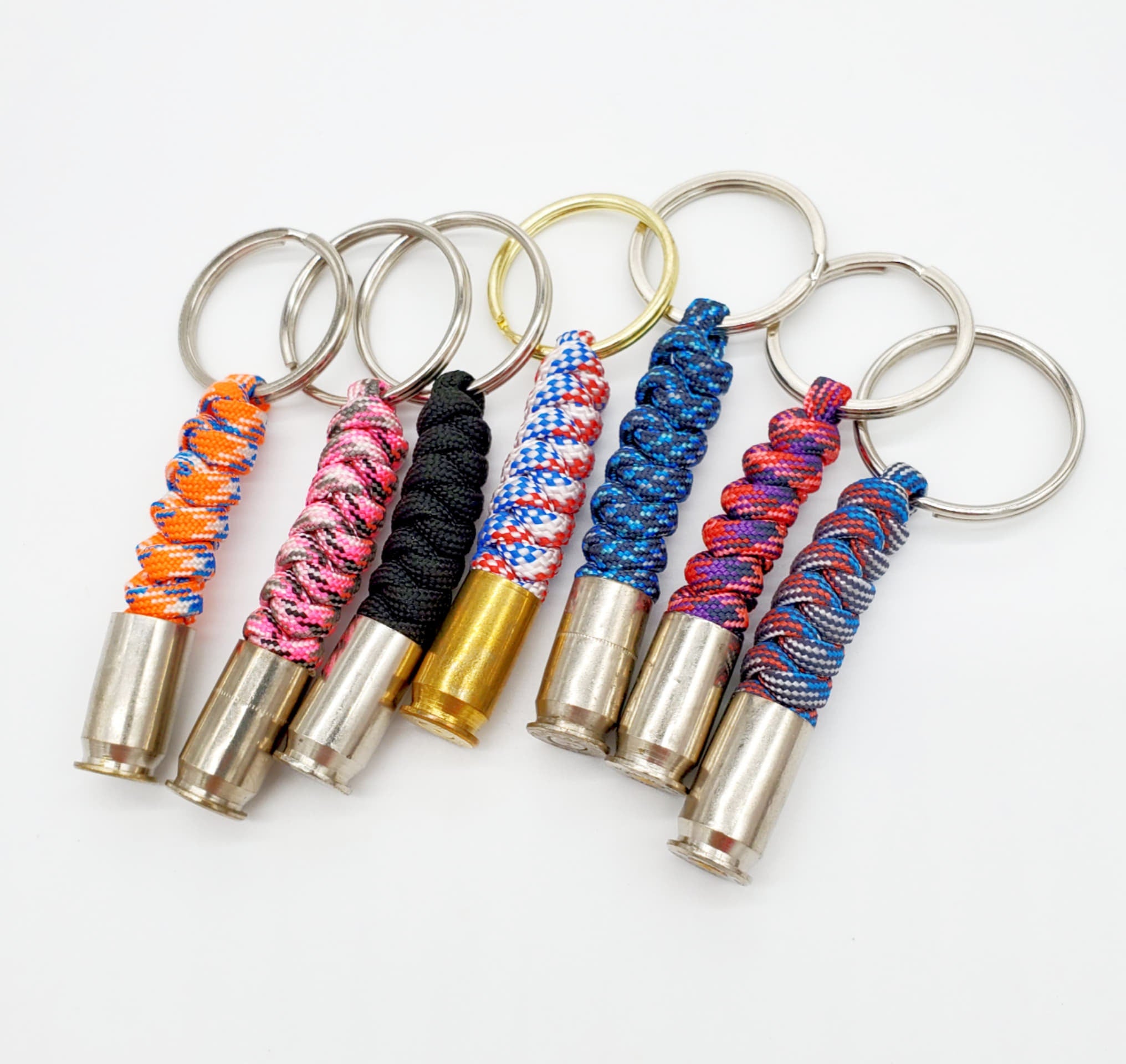 Paracord/.45 Spent Brass Keychain, Red/Blue/Silver