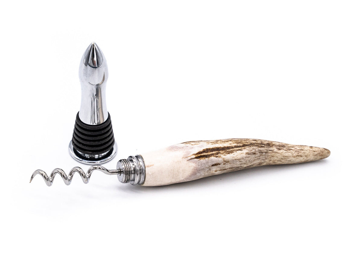 Antler Handle Corkscrew &amp; Stopper Combo | Wine Bottle Opener and Cork/Plug with Silicone Seal and Stag Deer Burr for Rustic Decor Lodge Bar