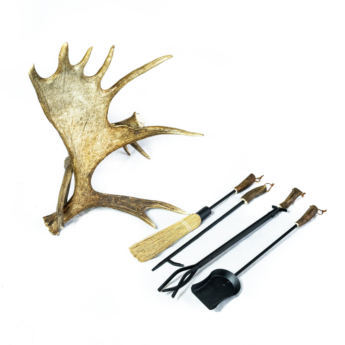 Moose Antler Fireplace Set - Includes Four Fireplace Tools: Poker, Brush, Shovel, Tongs and Stand - W/ Real Antler Handles