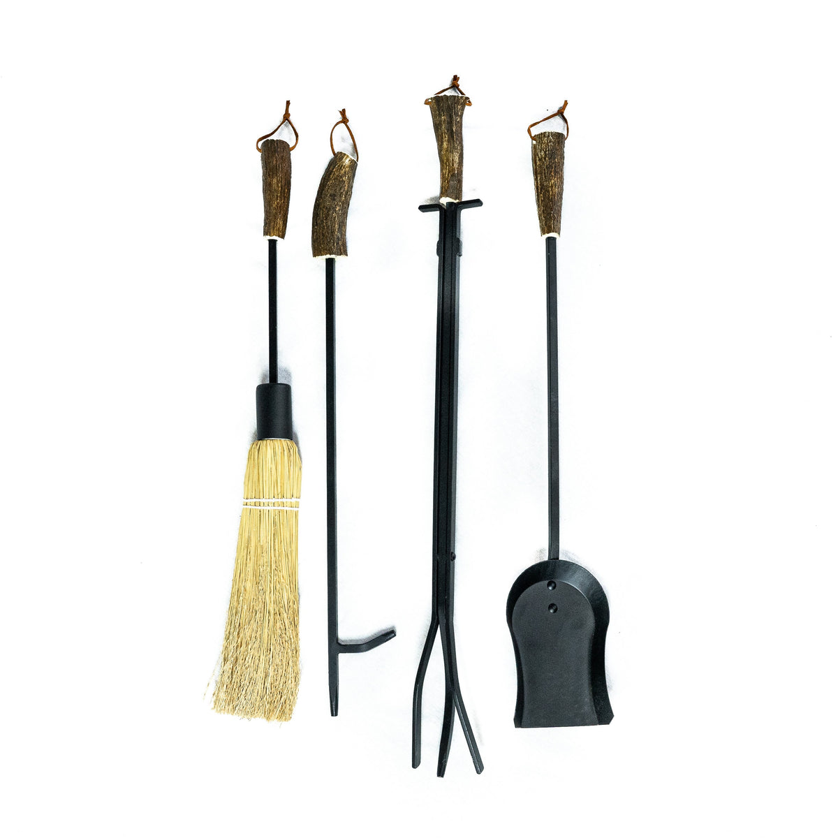 Moose Antler Fireplace Set - Includes Four Fireplace Tools: Poker, Brush, Shovel, Tongs and Stand - W/ Real Antler Handles