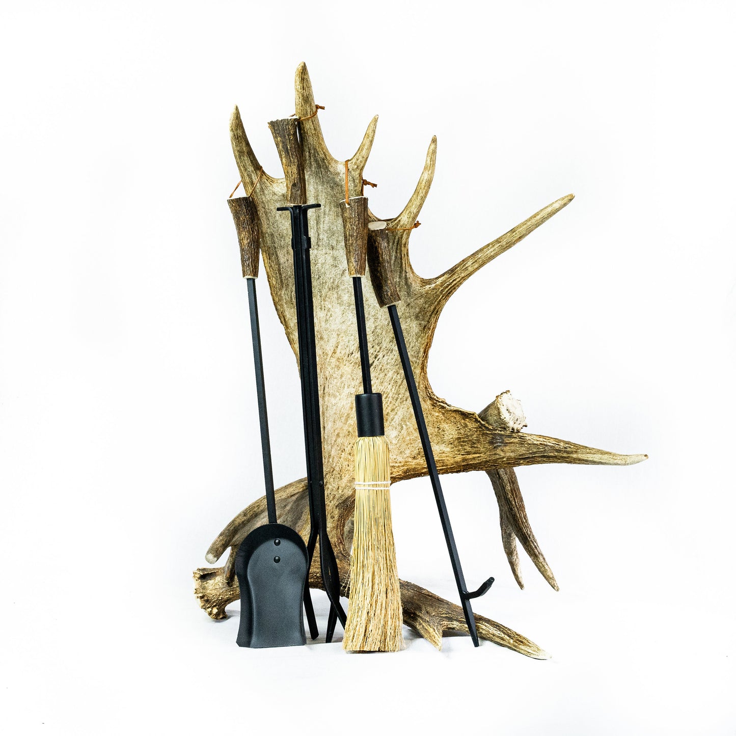 Moose Antler Fireplace Set - Includes Four Fireplace Tools: Poker, Brush, Shovel, Tongs and Stand - W/ Real Antler Handles