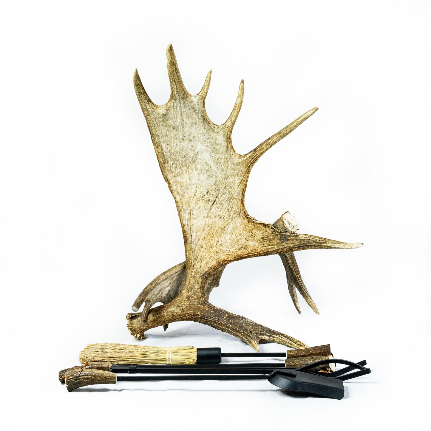 Moose Antler Fireplace Set - Includes Four Fireplace Tools: Poker, Brush, Shovel, Tongs and Stand - W/ Real Antler Handles