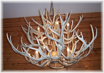 34 Antler, 16 Light Large Two Tier Mule Deer Antler Chandelier