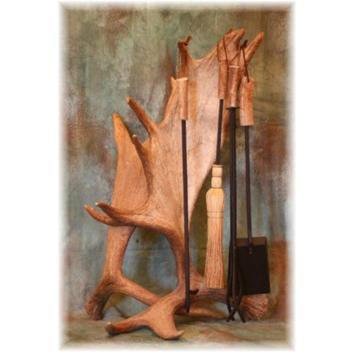 Real Carved Moose Deer Antler Amish Iron Driftwood Fireplace Accessory Tool  Set -  Log Cabin Decor