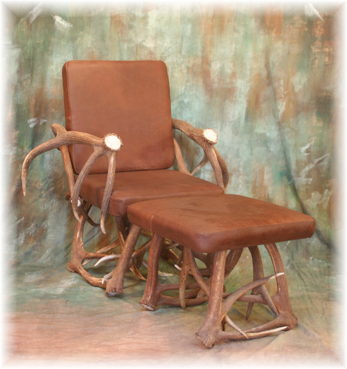 Elk Antler and Leather Arm Chair and Ottoman