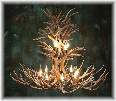 28 Antler, 12 Light Deluxe Cascading Mule Deer Antler Chandelier